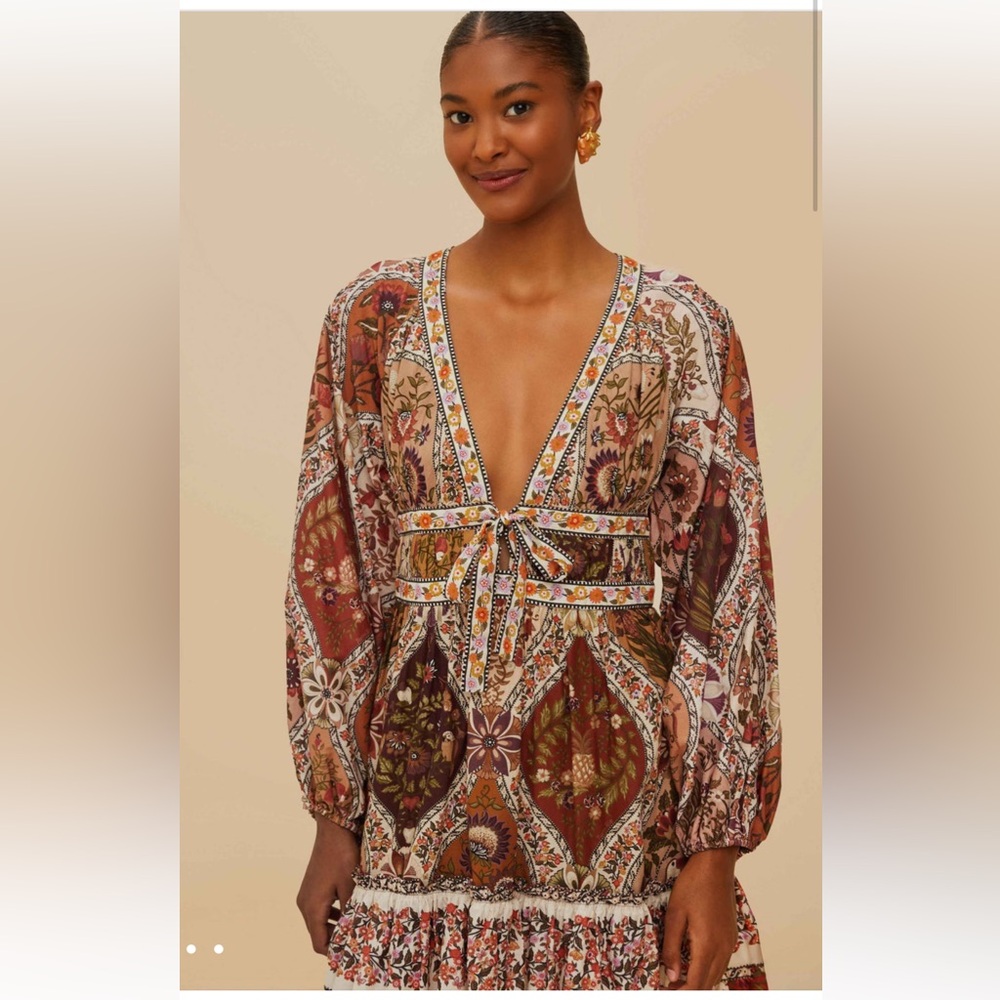 FARM Rio Rust Multi Floral Deep-V Tie-Waist Mini Dress - Picture 1 of 4